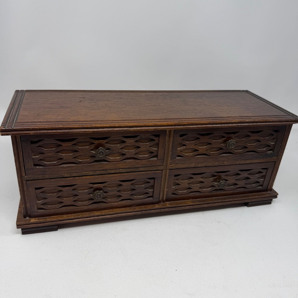 Vintage Japanese Wooden Jewelry Box‎ 4 Drawer Lattice Front Red Velvet Music Box